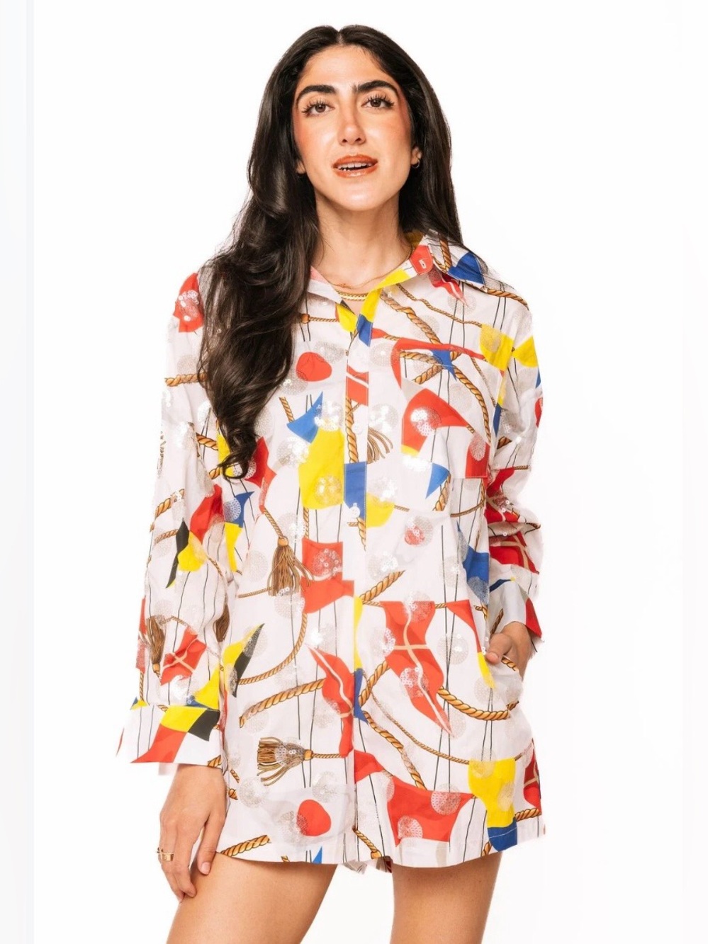 QUEEN OF SPARKLES Nautical Print Jumpsuit in White with Red, Yellow & Blue